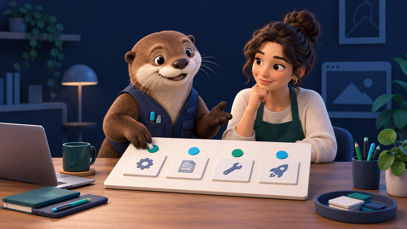 Billy helping a small-business owner plan a website rebuild using a simple board with scope, content, maintenance, and launch symbols